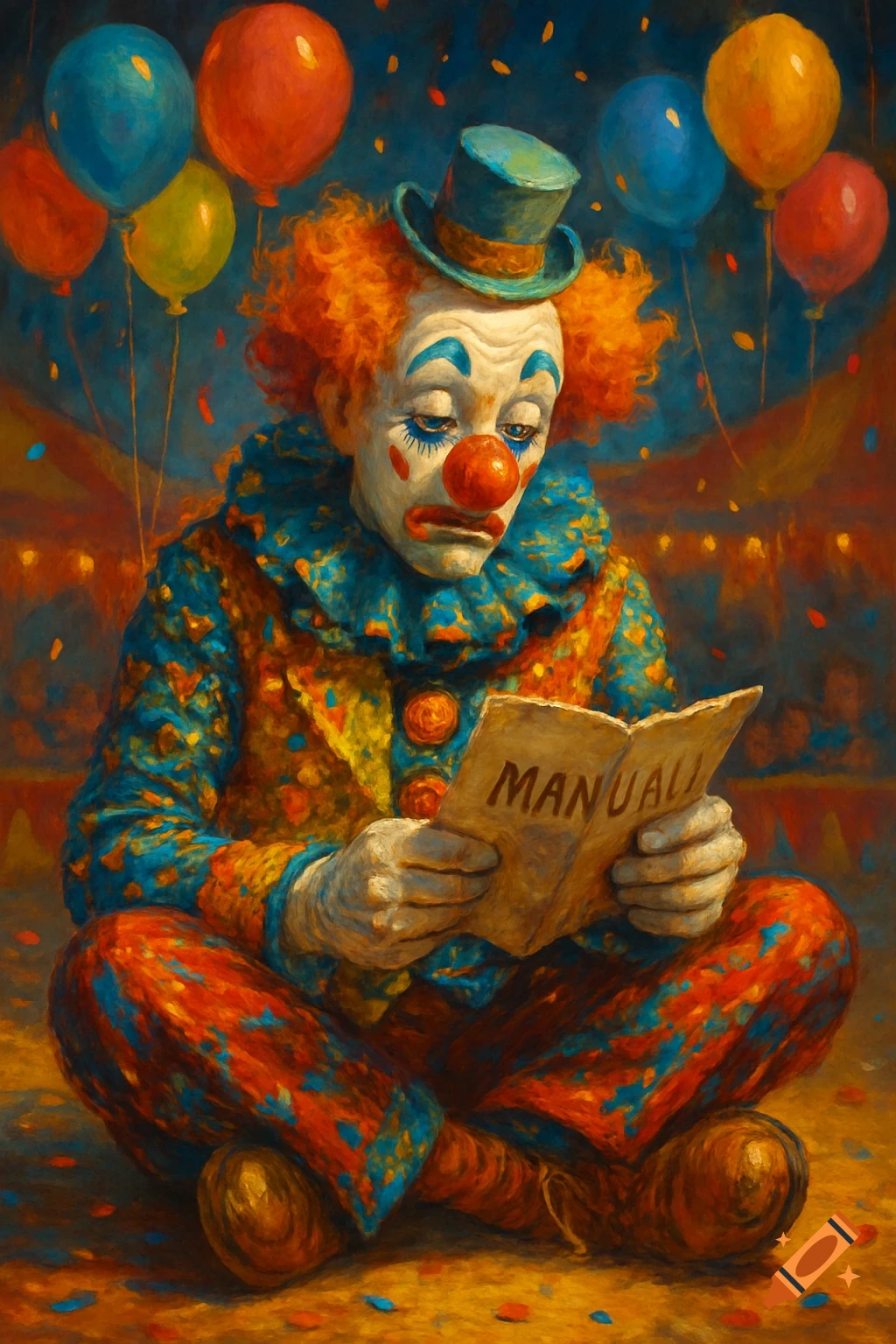 A sad clown with red hair and a blue top hat sits cross-legged, reading a manual amidst colorful balloons and confetti in a painterly style.