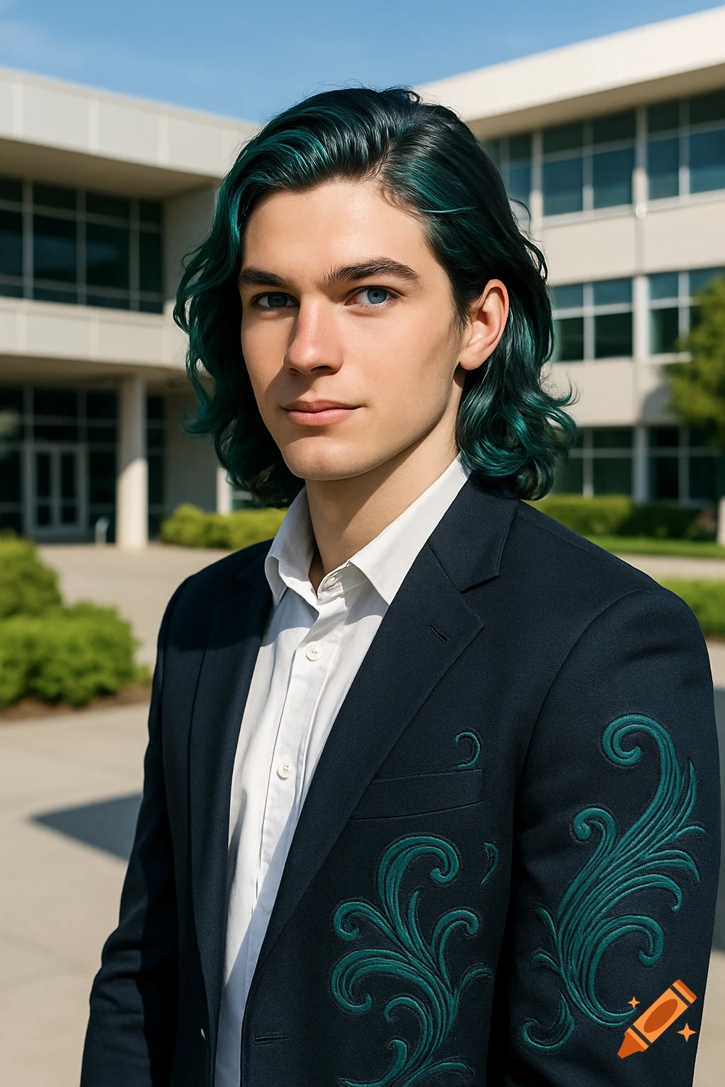 A young person with long teal hair and blue eyes wears a dark suit jacket with teal embroidery over a white shirt, standing in front of a modern building.