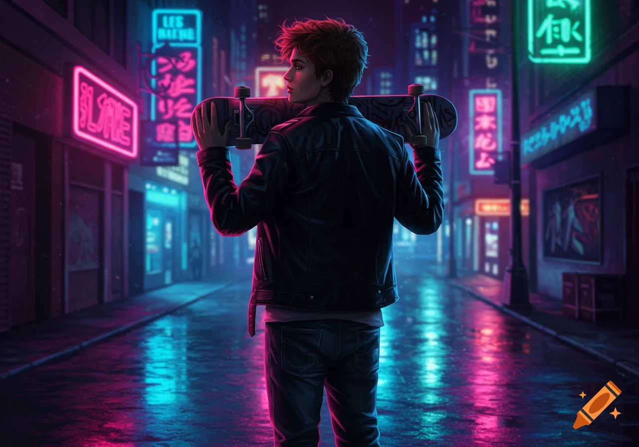 A young man with brown hair and a leather jacket holds a skateboard on his shoulders in a neon-lit cyberpunk city street at night.