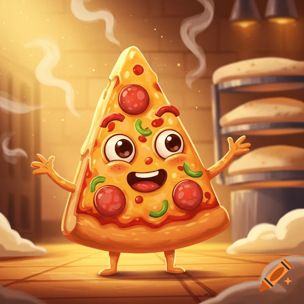 A happy, anthropomorphic pizza slice character with pepperoni and green peppers, smiling in a warm kitchen setting.