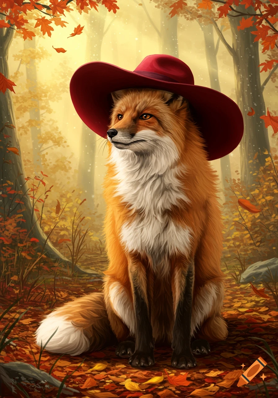 An anthropomorphic fox wearing a red hat sits in an autumn forest with ...