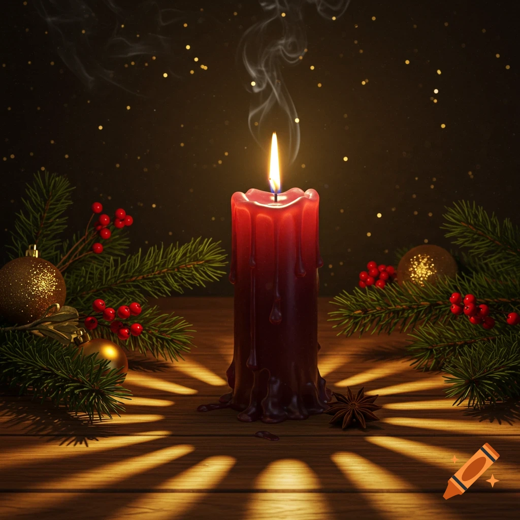 A lit red Christmas candle, surrounded by pine branches, red berries, golden ornaments, and a star anise on a wooden table.