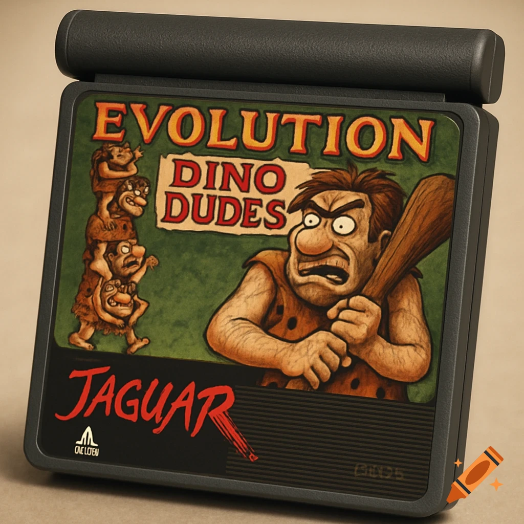 A retro Atari Jaguar game cartridge for 'Evolution: Dino Dudes,' featuring a cartoon caveman with a club and a stack of cavemen.