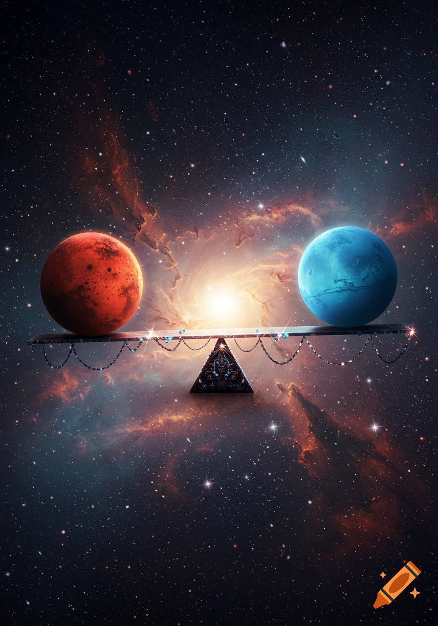Mars and Uranus on a stylized see-saw, balanced against a backdrop of a luminous nebula and stars in deep space.