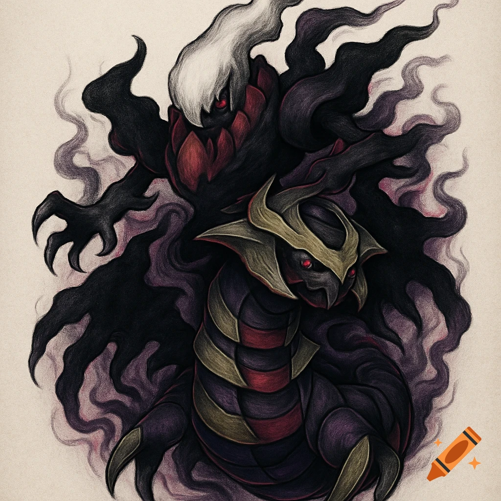 A dark, stylized illustration of Darkrai and Giratina together, resembling a tattoo, with a shadowy aura and red eyes.