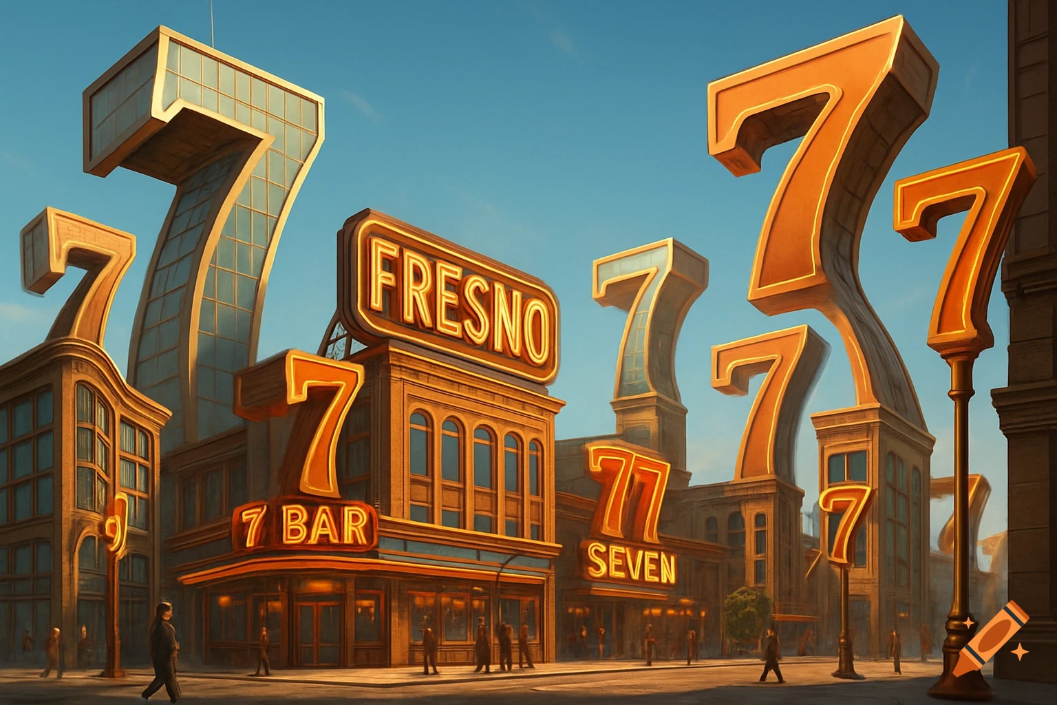 A downtown street in Fresno with buildings and signs shaped like the number 7 under a clear blue sky.