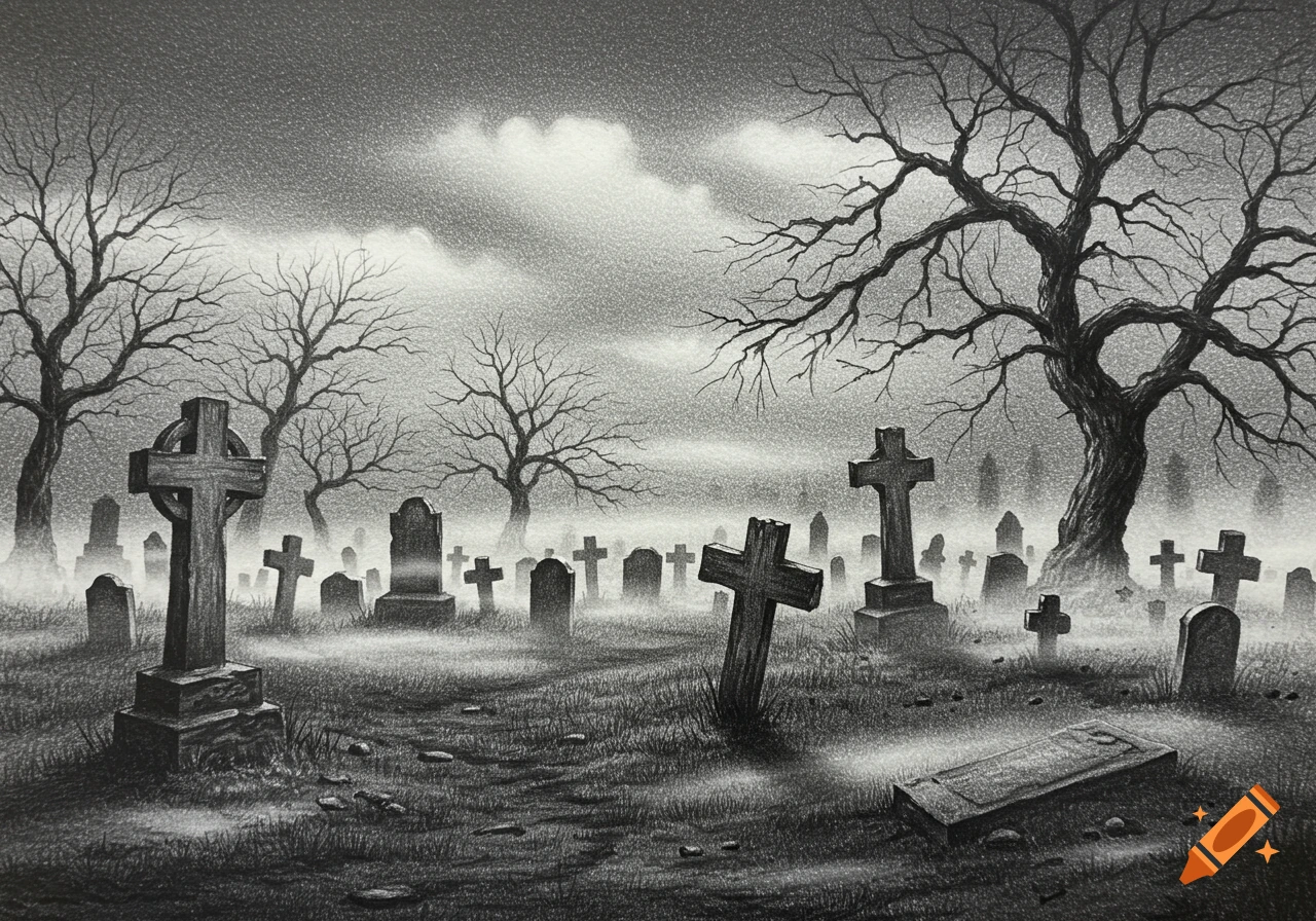 A monochrome pencil sketch of a misty cemetery with numerous gravestones, crosses, and bare, twisted trees under a cloudy sky.