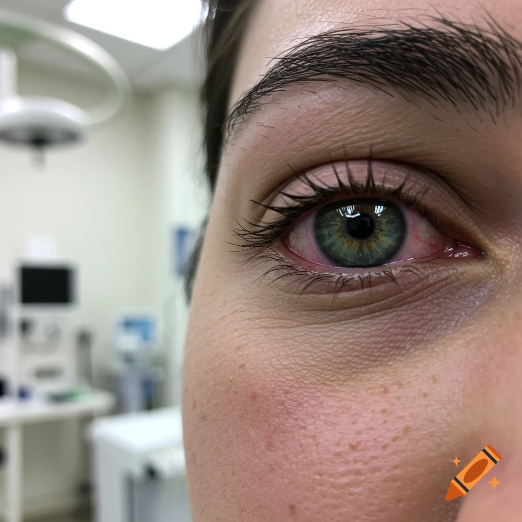 Close-up of a green eye with red, irritated sclera, against a blurred background of a medical examination room.