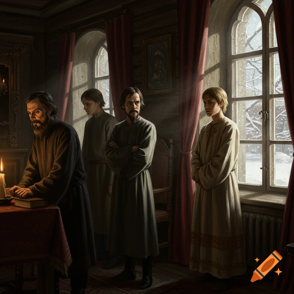 Painting of four men in historical robes in a dimly lit room with large windows overlooking a snowy landscape. One man reads a book by candlelight.
