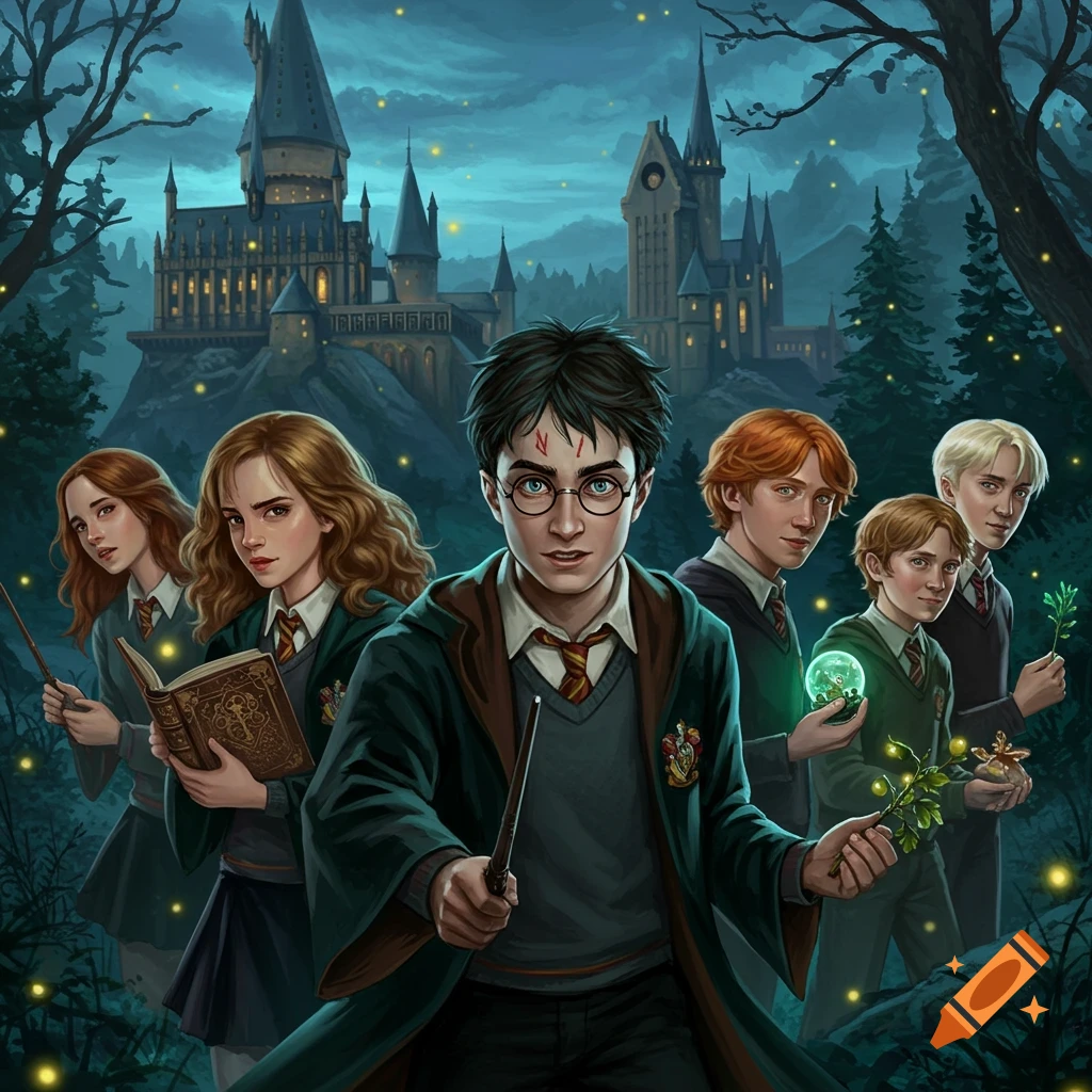 Illustrated fantasy scene of Harry Potter and his friends including Hermione and Ron, in a dark forest with Hogwarts castle at night, holding wands, a book, and glowing plants.