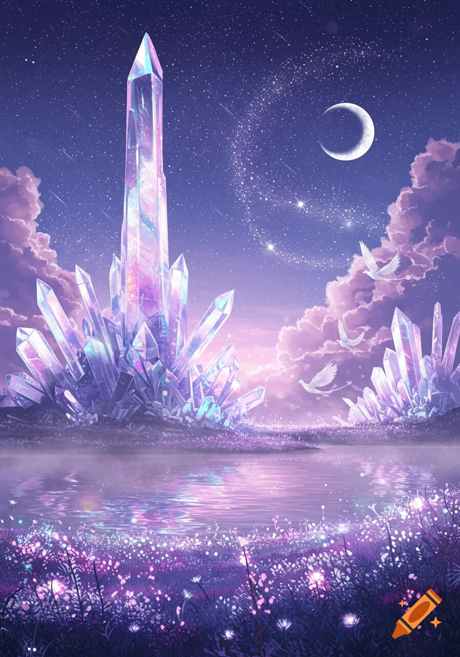 Vibrant fantasy art of glowing crystal formations beside a reflective lake under a starry purple night sky with a crescent moon and white birds.