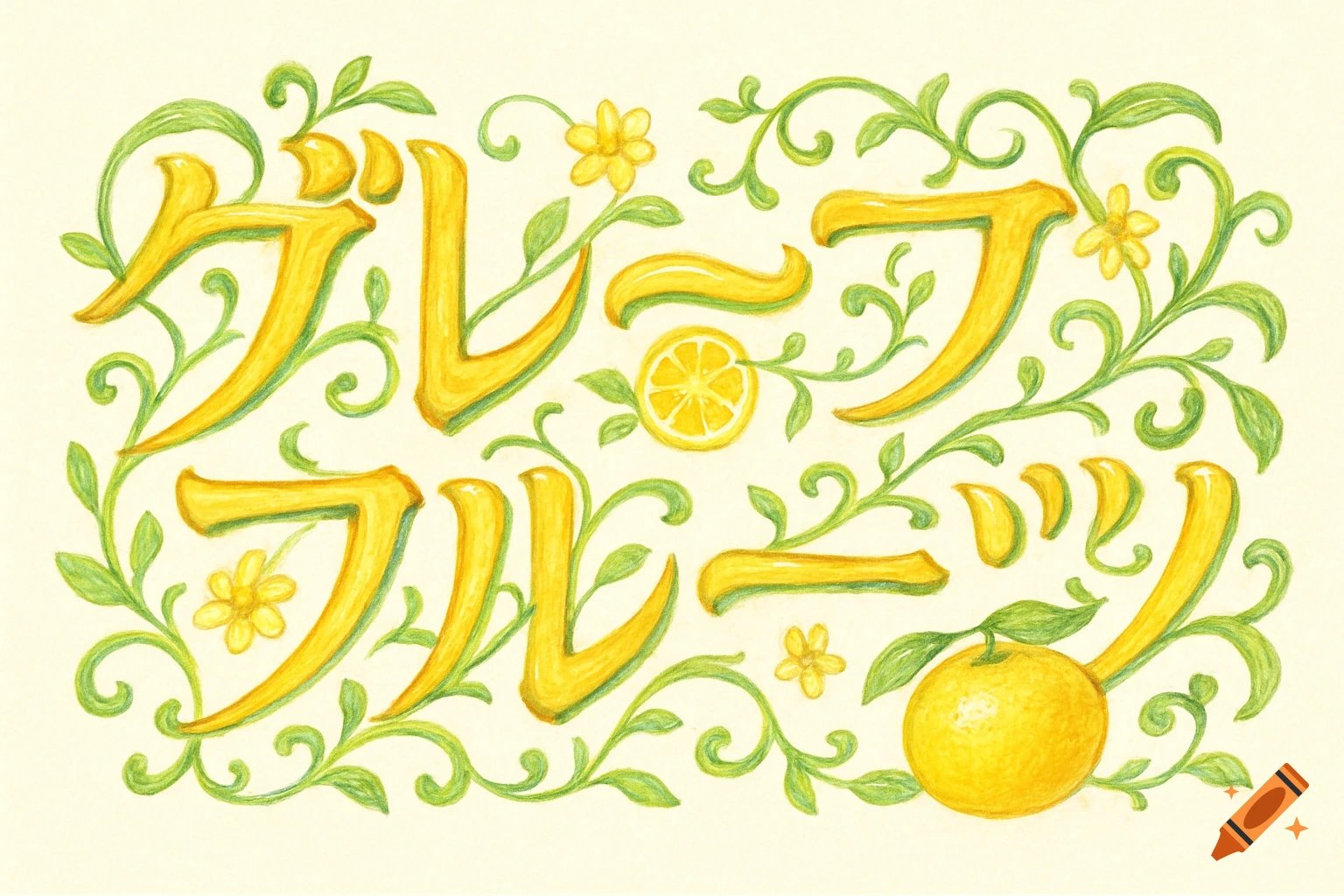 Decorative Japanese text 'Grapefruit' in yellow with green vines, flowers, and citrus fruit in an illustration style.