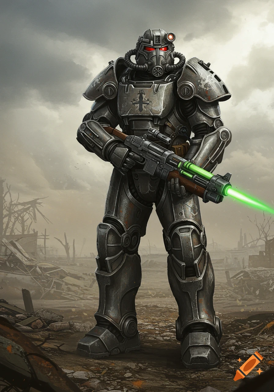 A heavily armored figure in power armor, resembling the Brotherhood of Steel from Fallout, stands in a post-apocalyptic wasteland holding a laser rifle.