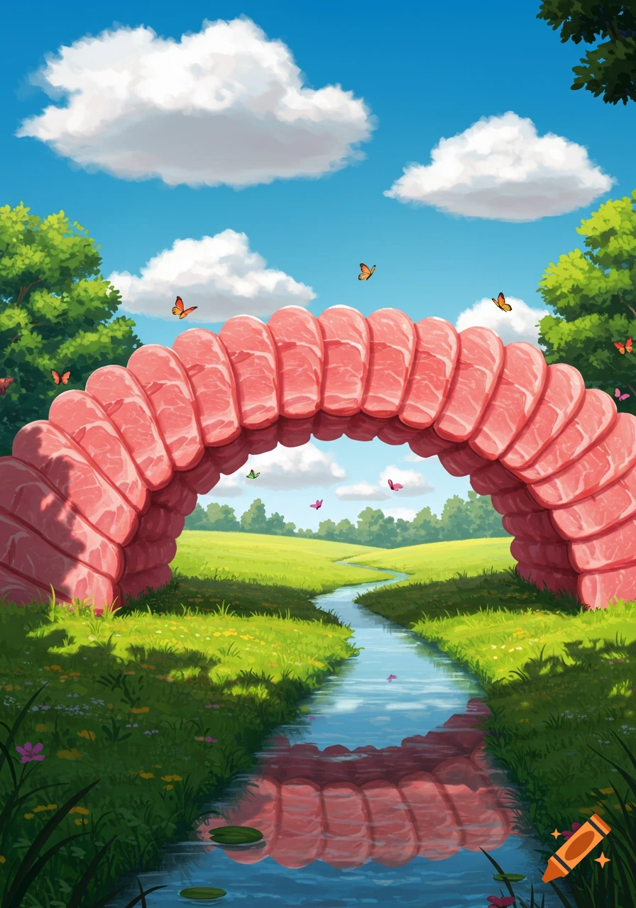 A whimsical cartoon landscape with a bridge made of raw ham over a stream, surrounded by green fields and butterflies.