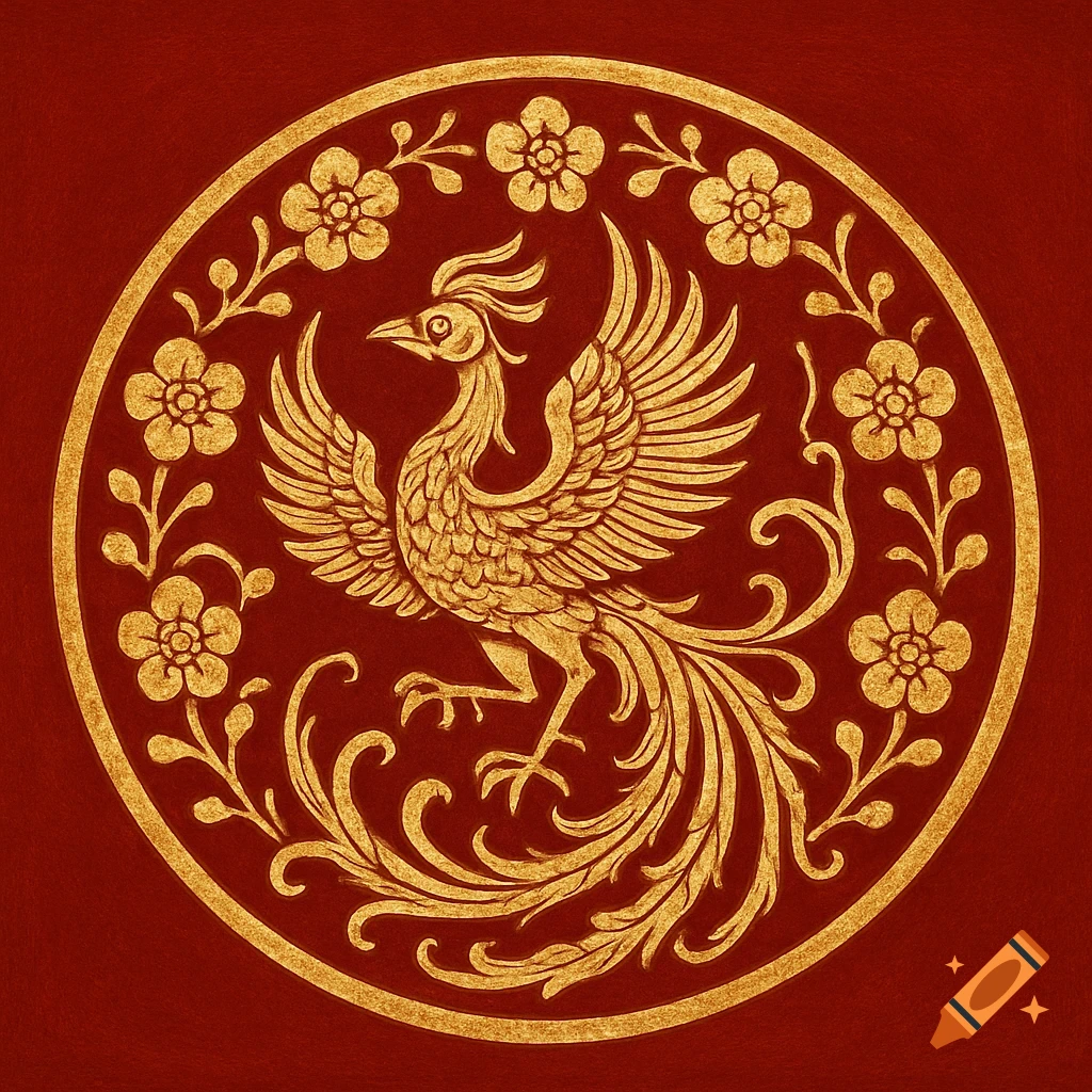 A golden phoenix with outstretched wings, surrounded by golden flowers and vines in a circular frame, on a rich red background in traditional Chinese style.