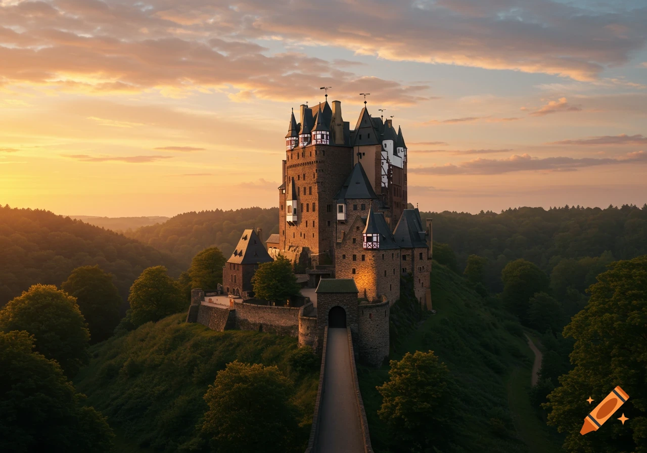 An aerial view of a majestic medieval castle on a forested hill bathed ...