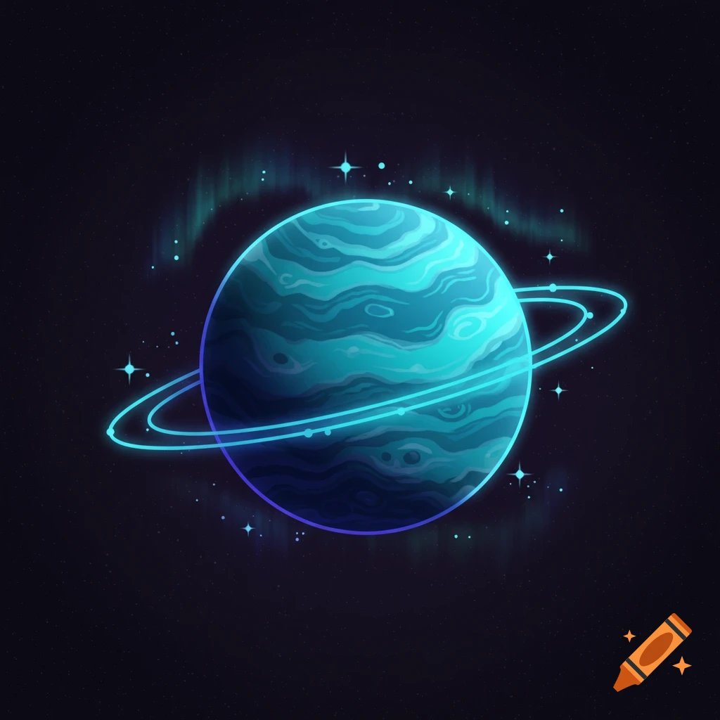 Stylized blue and teal planet with glowing rings and aurora in a starry dark space.