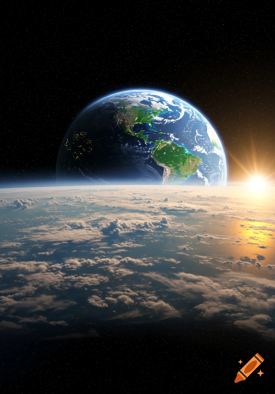 View of Earth from space, showing continents, swirling clouds, and a bright sunrise on the horizon.