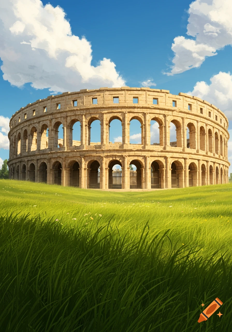 The Roman Colosseum stands majestically in a vast green grassy field under a bright blue sky with white clouds.