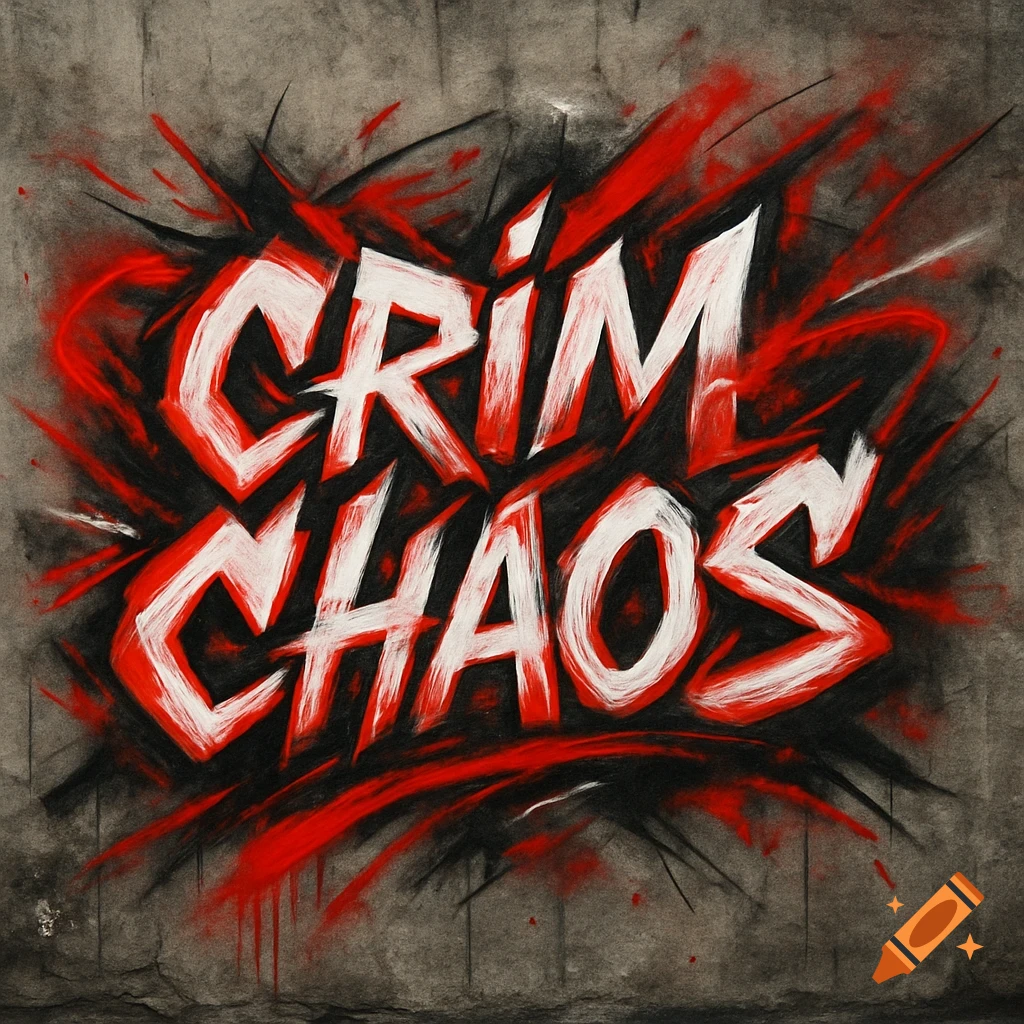 Graffiti art reading 'CRIM CHAOS' in red, white, and black on a textured dark background, with stylized splatters.