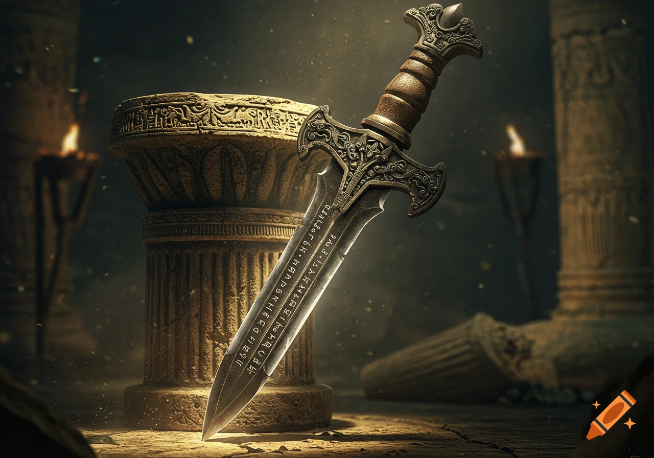 An ornate ancient dagger with intricate designs and glowing runes stands upright on a carved stone pedestal in a dimly lit, dusty temple.