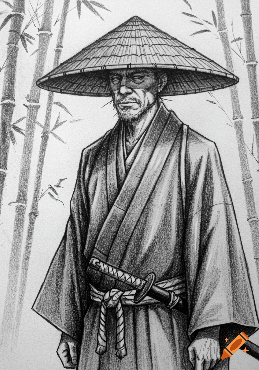 Black and white pencil sketch of a samurai in a conical hat and robes, with a katana, standing in front of bamboo.
