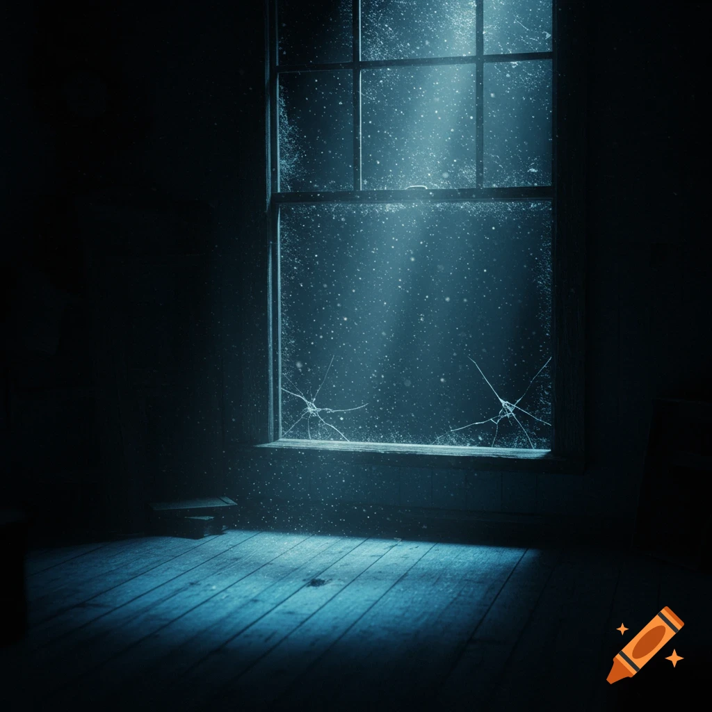 A moody blue, cinematic image of a dusty old window at night with starlight shining through cracked glass onto a wooden floor.