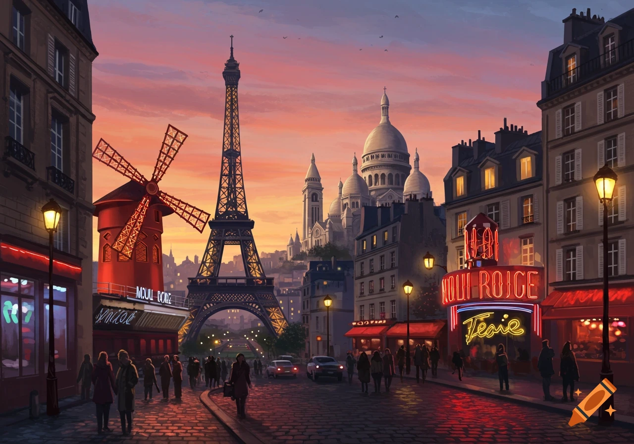 A scenic painting of Paris at sunset, featuring the Eiffel Tower, the red Moulin Rouge windmill, and the Sacré-Cœur basilica, with people walking on a cobbled street.