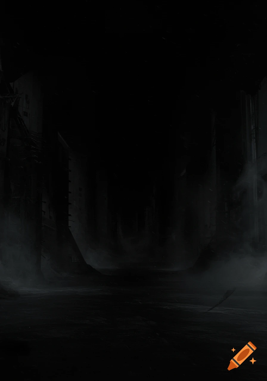 An extremely dark, desolate scene with faint industrial structures and wisps of smoke, evoking despair.