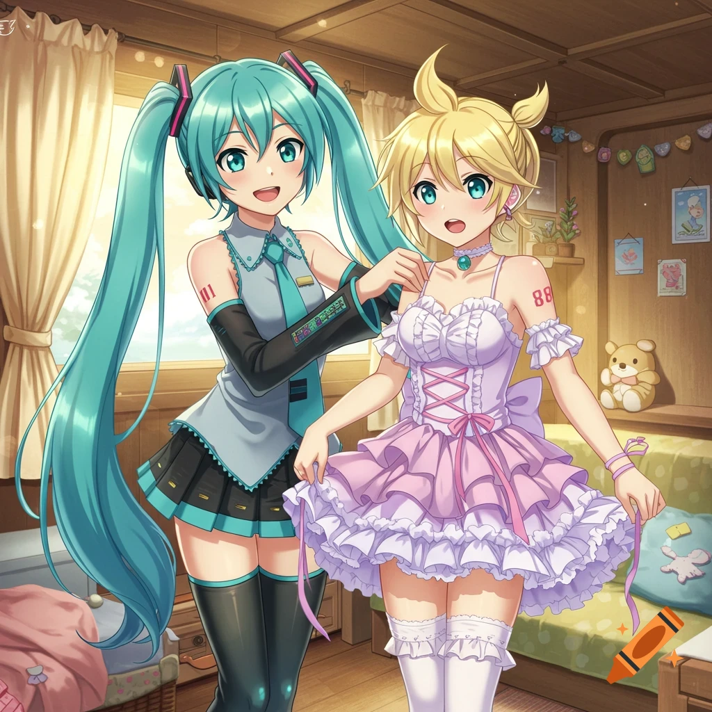 Hatsune Miku helps Kagamine Len, dressed in a frilly pink and white dress, in an anime style bedroom.