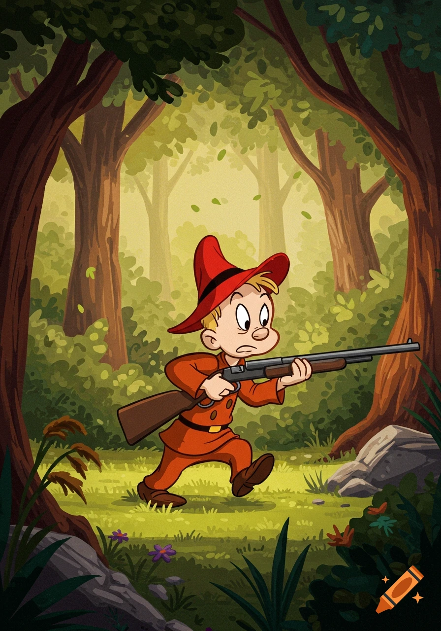 A cartoon character resembling Elmer Fudd, wearing a red hat and orange hunting suit, runs through a forest holding a rifle.