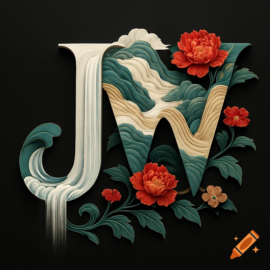 Stylized letters 'JW' rendered with traditional Chinese landscape, waterfall, and floral motifs on a black background.