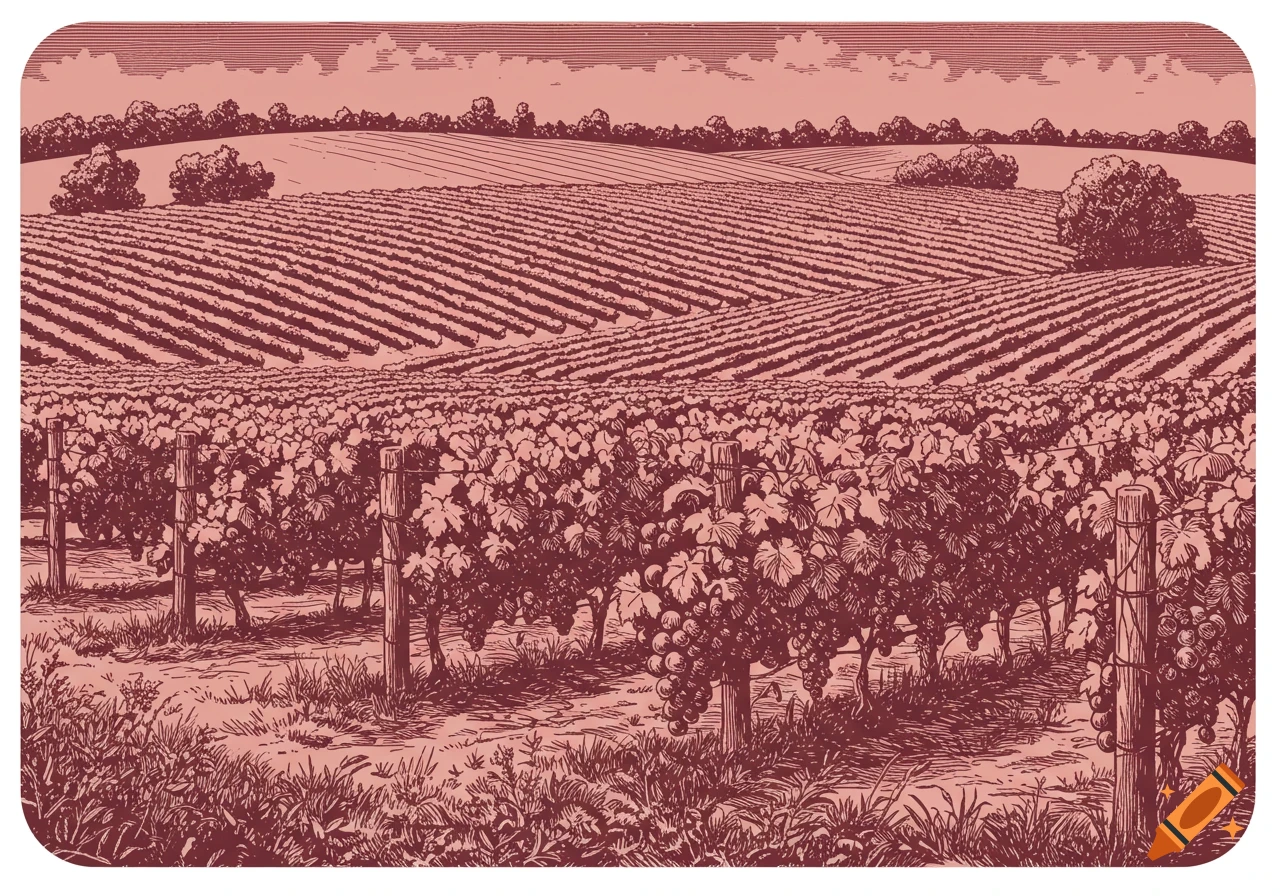 An etching in shades of red and pink depicting a vineyard with orderly rows of grapevines on rolling hills.