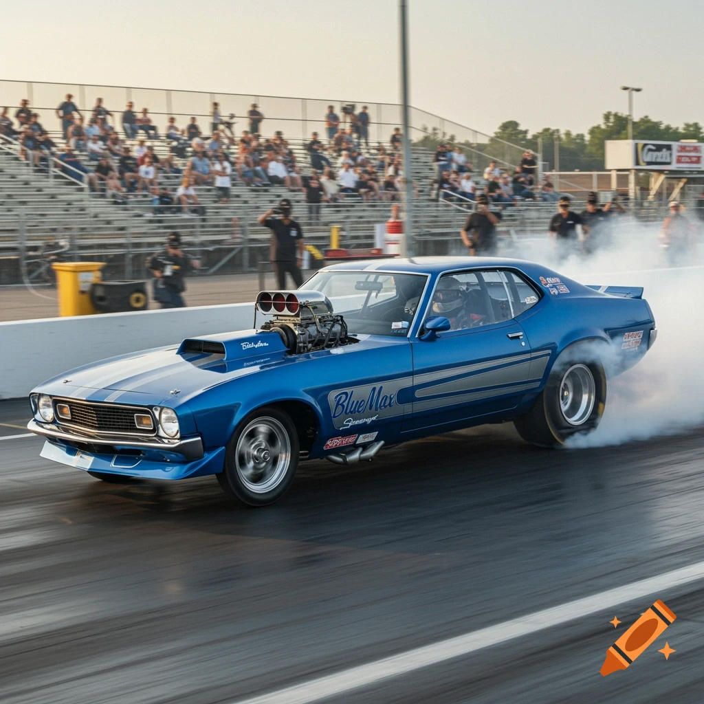 A blue vintage drag racing car named "Blue Max" doing a tire-smoking burnout on a track, with spectators in the background, in a photorealistic style.