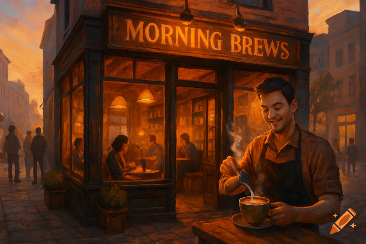 A barista smiles while pouring milk into a coffee cup outside "Morning Brews" coffee shop at sunset, with customers inside. The style is painterly.