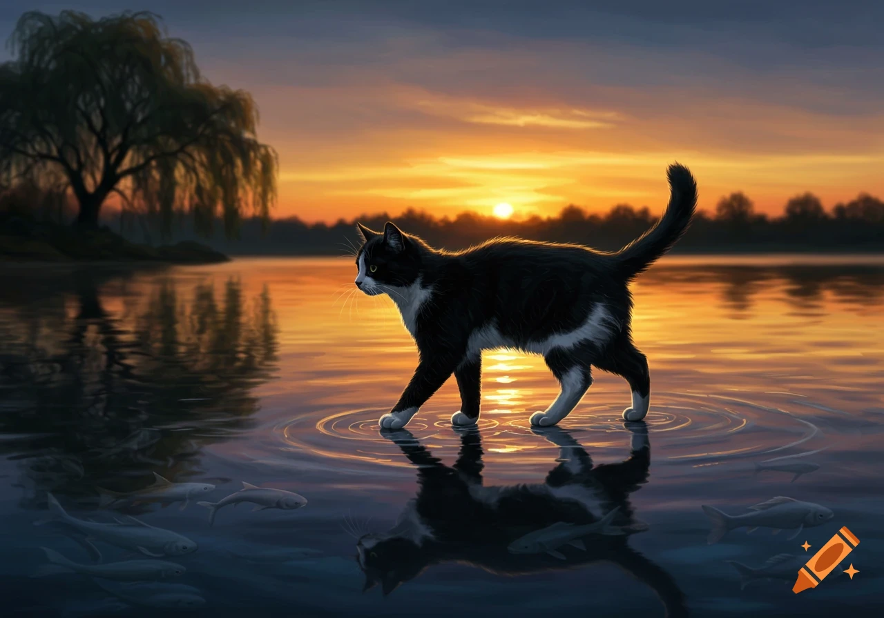 A black and white cat walks on water, creating ripples, at sunset with ...