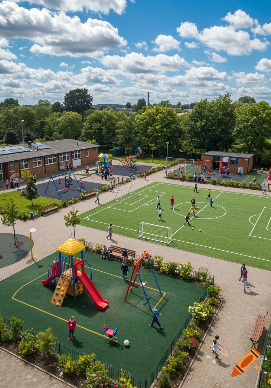 Aerial view of a vibrant schoolyard with children playing on a colorful playground and others playing soccer on a green field under a blue sky.