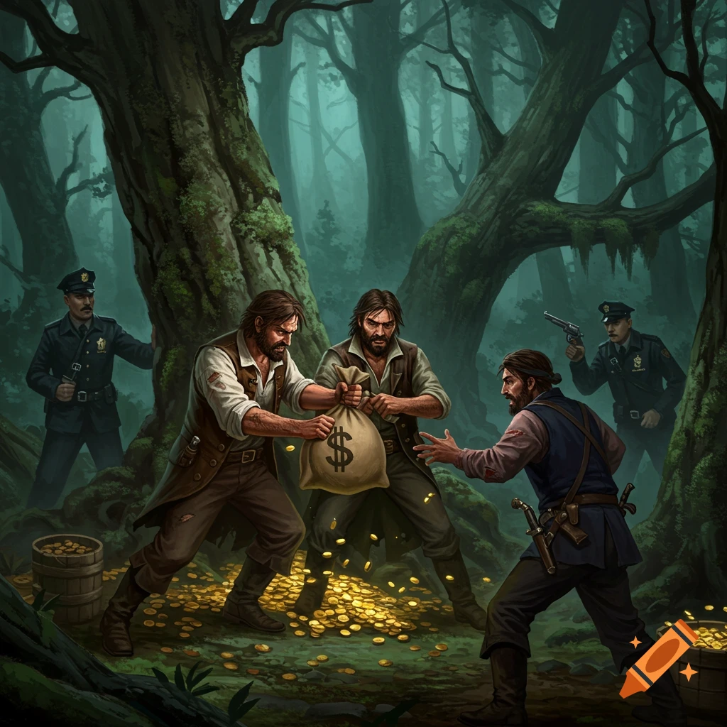 Illustration of two men wrestling over a gold-filled money bag in a dark forest, while policemen with pistols emerge from behind trees to intervene.