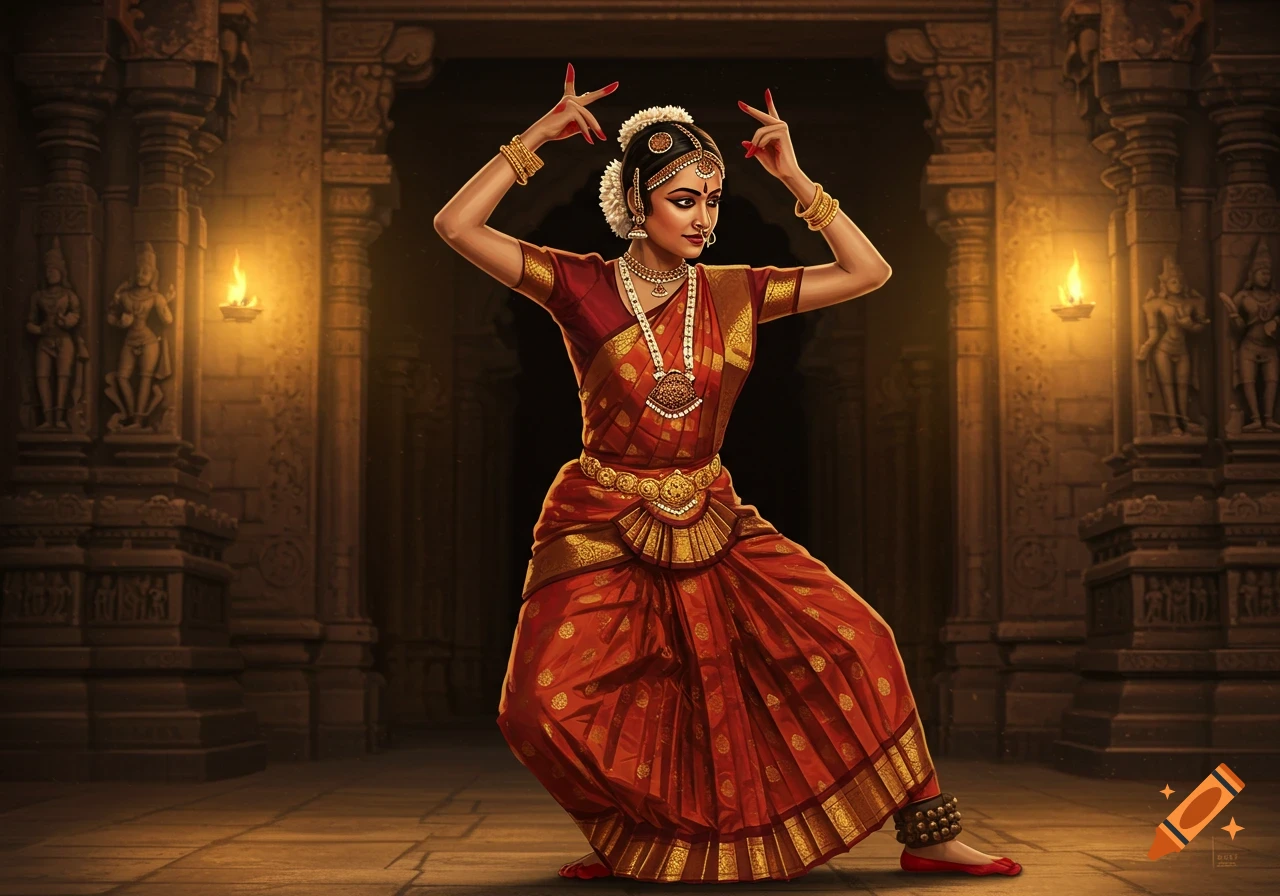 A Bharatanatyam dancer in a red and gold costume performs a traditional pose within a candlelit temple setting.