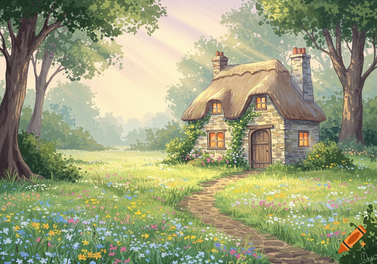 Watercolor illustration of a charming stone cottage with a thatched roof, nestled in a vibrant field of wildflowers, surrounded by trees.