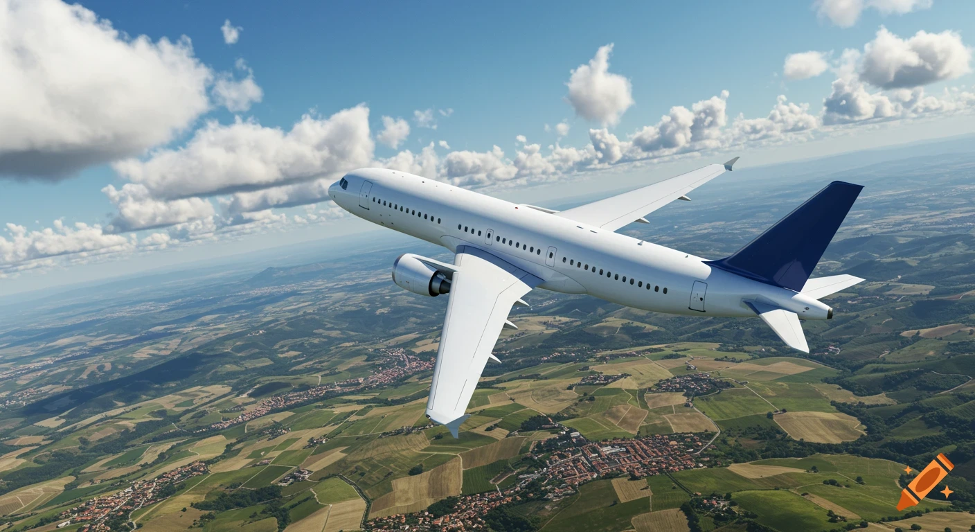 A photorealistic white passenger airplane with a blue tail flies over a vast green and brown agricultural landscape under a blue, cloudy sky.