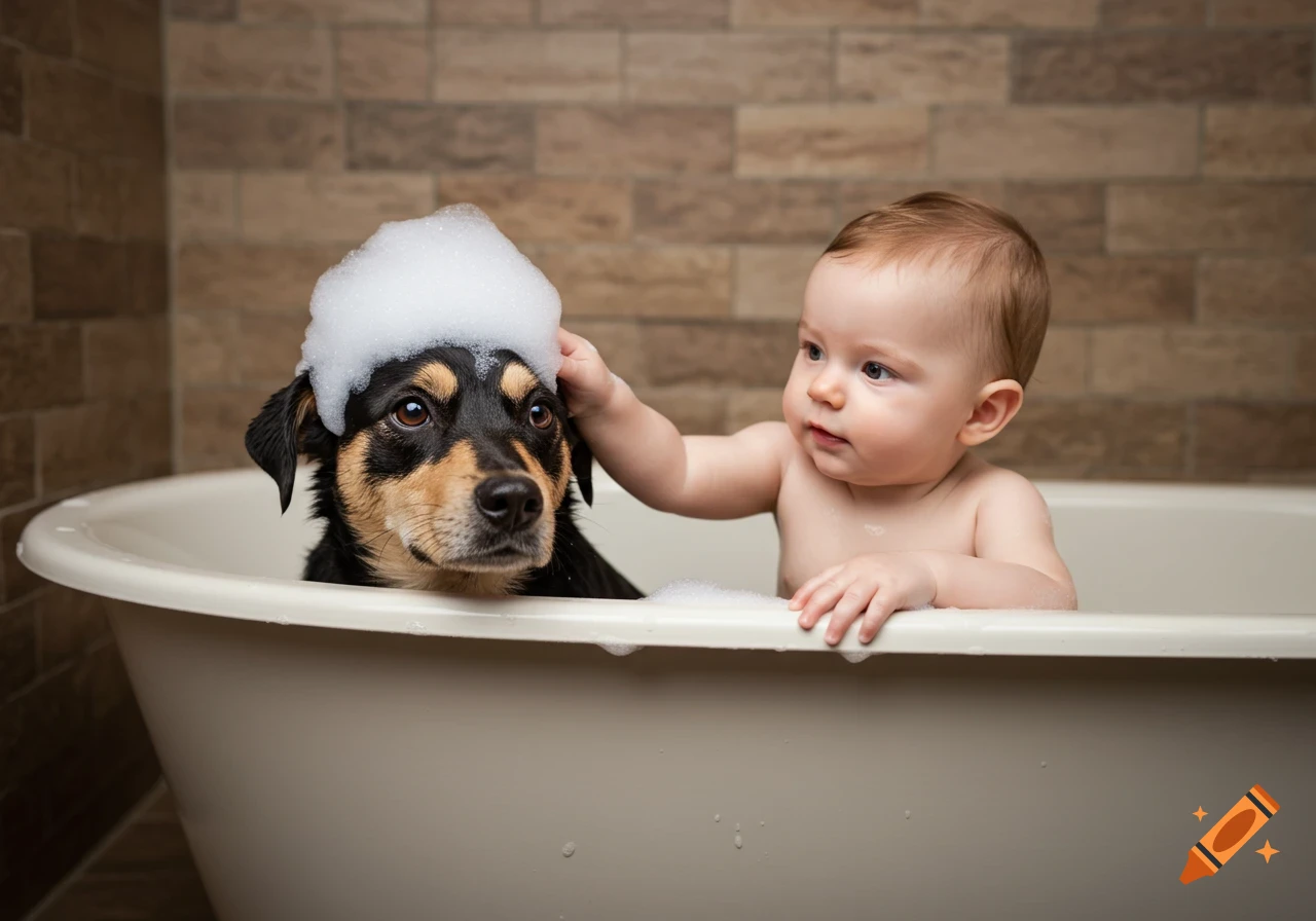 A baby gently touches a dog's head, which has a pile of soap bubbles, as they sit together in a bathtub.