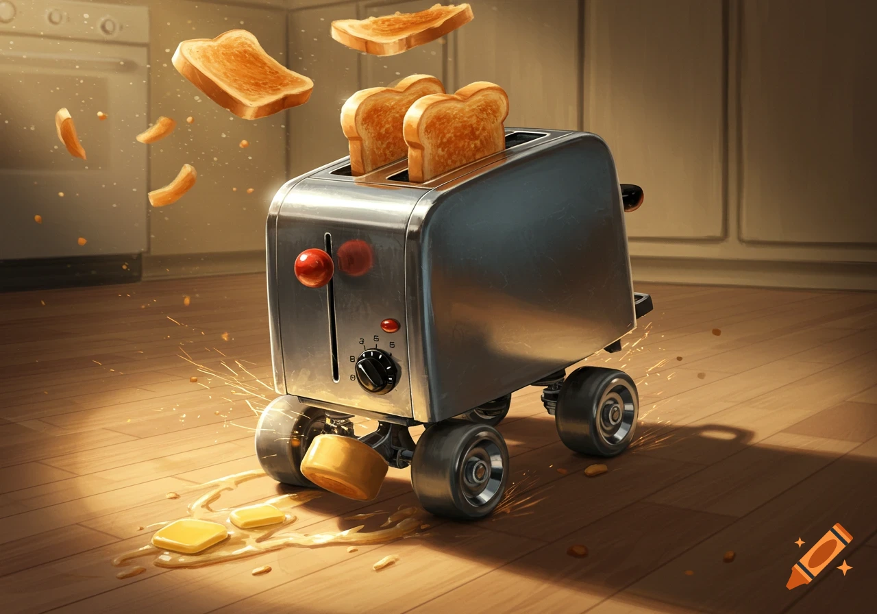 A chrome toaster on roller skate wheels ejects toast, with butter melting on the wooden kitchen floor.