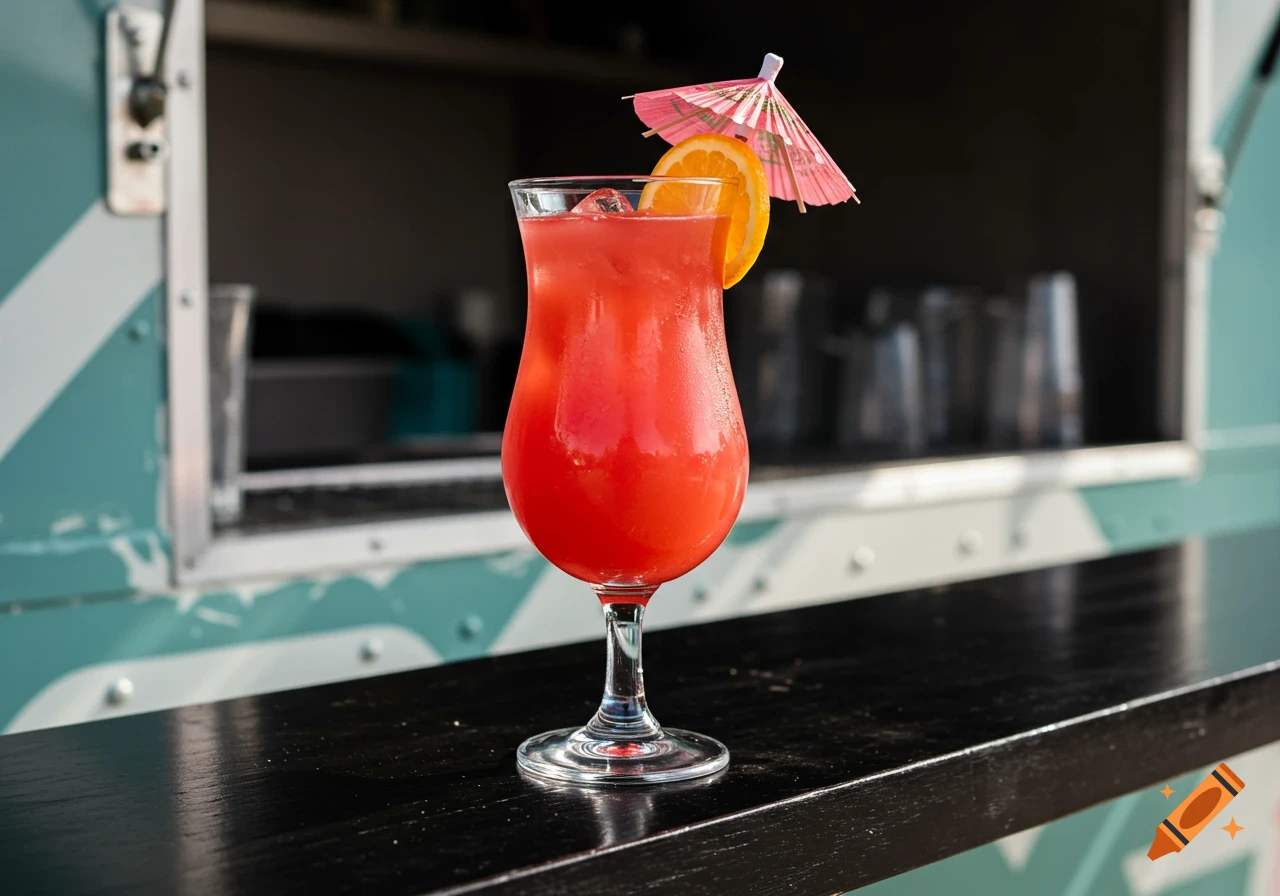 A bright red cocktail in a hurricane glass, garnished with an orange slice and a pink paper umbrella, sits on a black bar counter of a food truck.