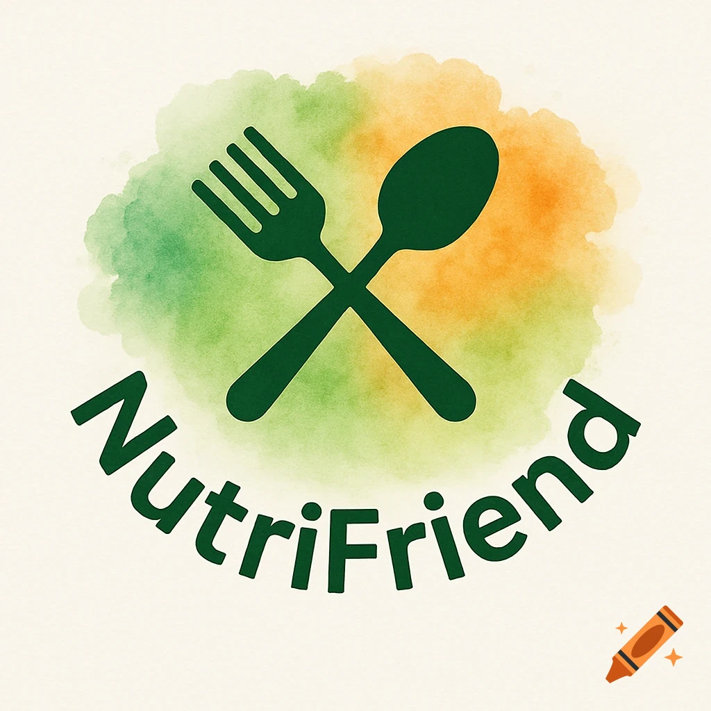 A logo with a dark green fork and spoon crossed over a green and orange watercolor background, with "NutriFriend" text below.