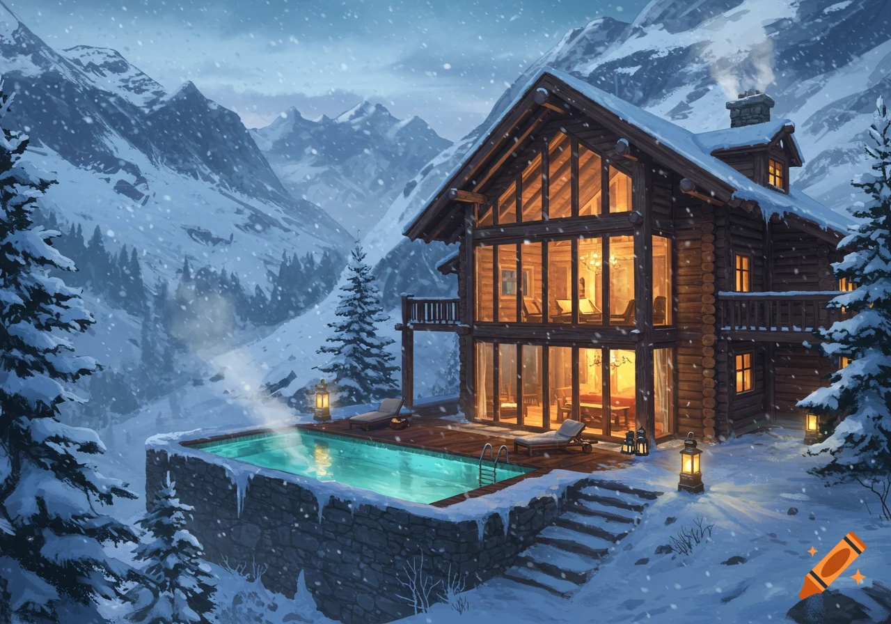A cozy wooden log cabin with warm lights and an outdoor pool surrounded by snowy mountains and pine trees under falling snow.