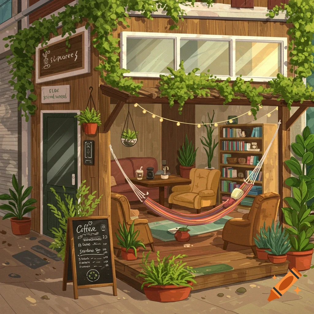 An inviting illustration of a cozy, eco-friendly coffee shop with a hammock, potted plants, and a chalkboard menu.