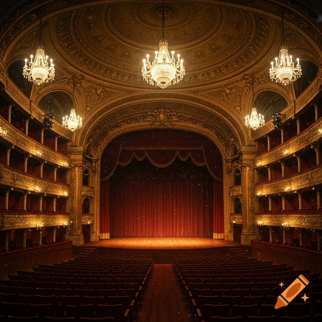 A grand, empty theater with ornate gold architecture, large chandeliers, rows of red seats, and a red curtain on stage.