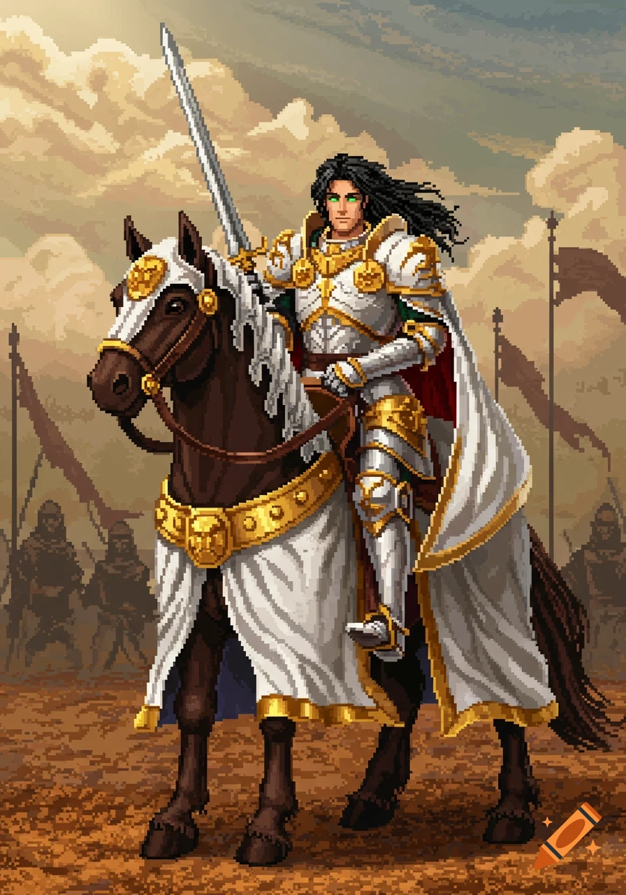 A pixel art image of a black-haired, green-eyed paladin in white and gold armor riding a dark horse.