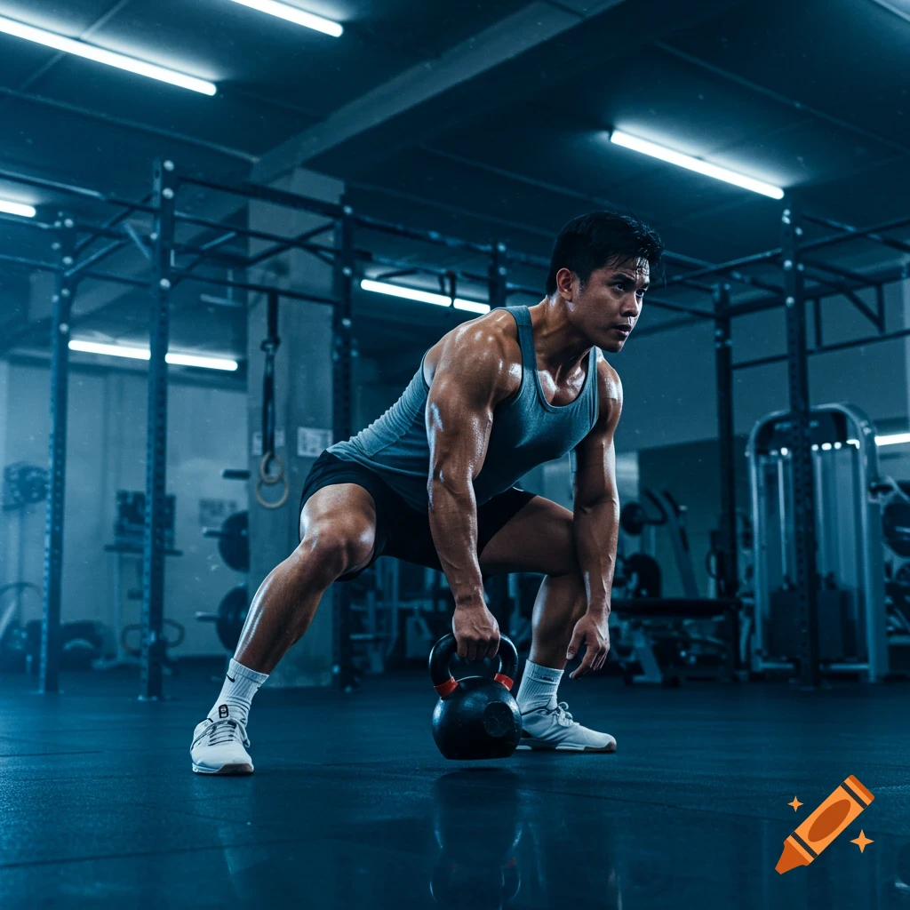 A muscular man in a grey tank top and black shorts performs a kettlebell deadlift in a blue-lit gym.